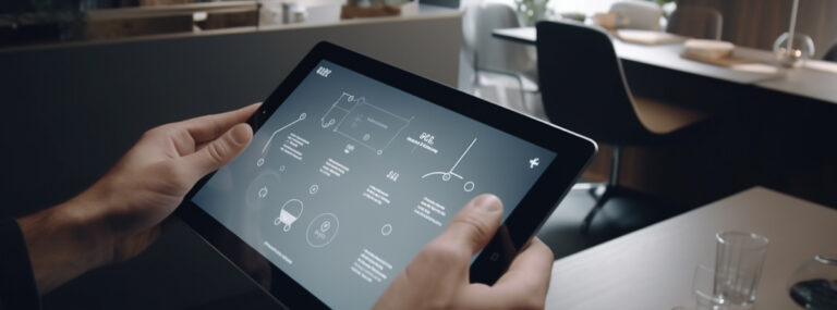 Hände halten ein Tablet mit einem Energiemanagementsystem auf dem Bildschirm